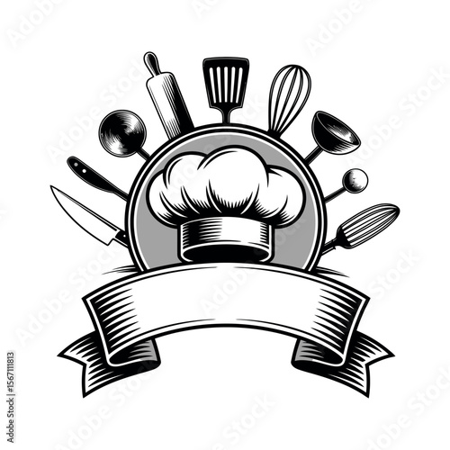 Chef hat with kitchen utensils and banner rolling pin