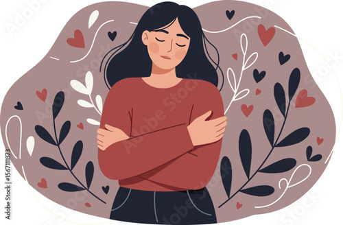 Woman embracing herself with closed eyes in self love and acceptance concept with floral background 