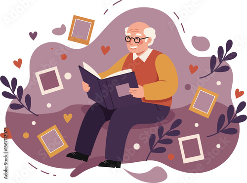 Elderly man reading book surrounded by floating photo frames and hearts in cozy illustration 