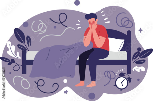 Man sitting on bed with hands on face in purple bedroom illustration showing insomnia and stress symptoms 