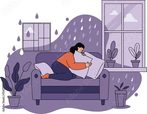 Woman relaxing on couch reading book in cozy purple-themed living room with plants and windows in calm atmosphere 