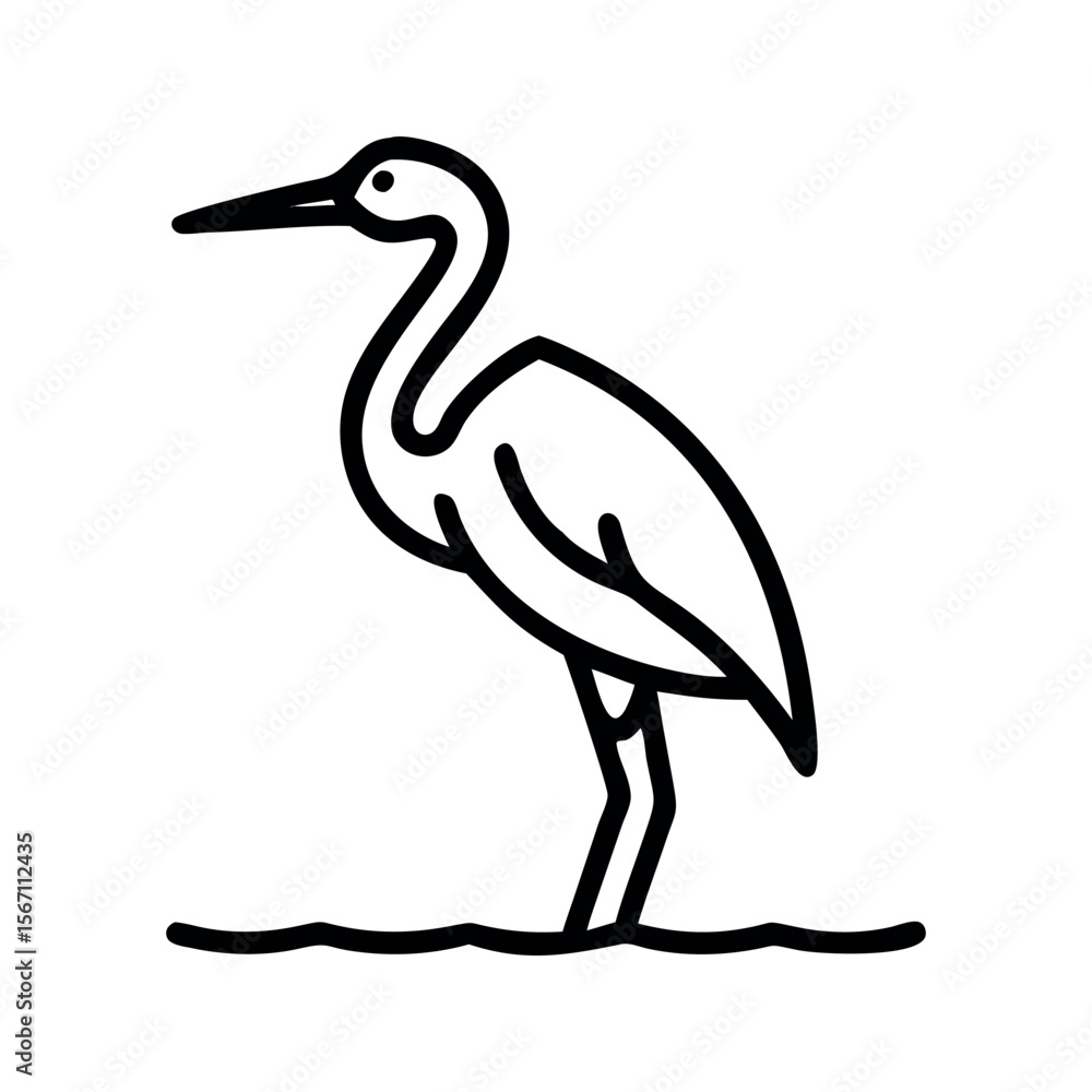 Obraz premium Black Line Art Heron Bird Wading in Water black and white