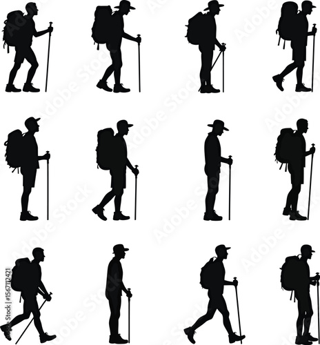 Hiking backpackers silhouettes trekking nature outdoors