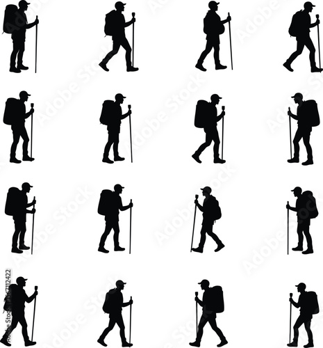 Hiking backpackers silhouettes trekking nature adventure