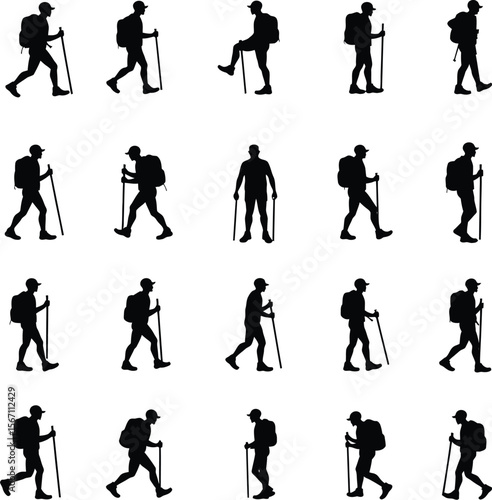 Hiking silhouettes backpackers trekking nature outdoors