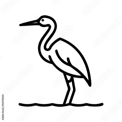 Black Line Art Heron Bird Wading in Water black and white