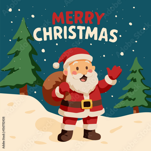 A cartoonish image of Santa Claus holding a bag and standing in front of a tree. The image is titled Merry Christmas