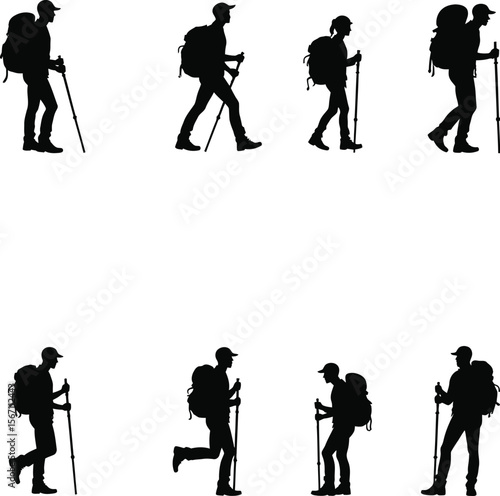Hiking silhouettes backpackers trekking nature outdoors