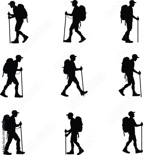 Hiking silhouettes backpackers trekking nature outdoors