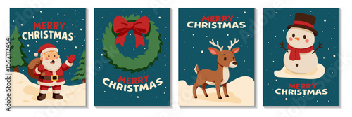 Merry christmas cards with a santa and reindeer on them. The cards are blue and feature a wreath
