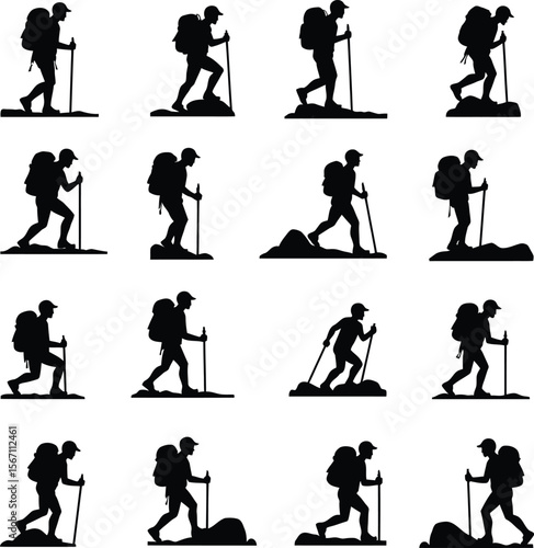 Twelve hikers silhouette trekking mountain scene