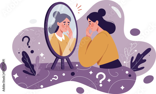 Woman Reflecting on Aging and Identity Looking at Mirror with Question Marks and Purple Background Illustration 