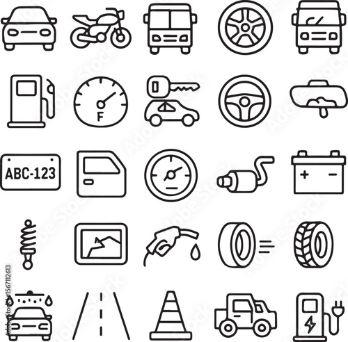 Collection of black line art icons representing various automotive elements including vehicles parts and services on a white background