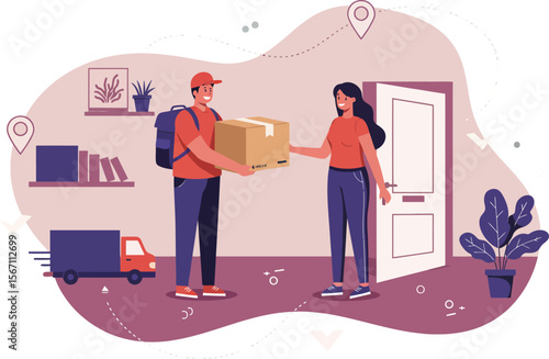 Delivery person handing package to woman at home with small truck and houseplants in background 