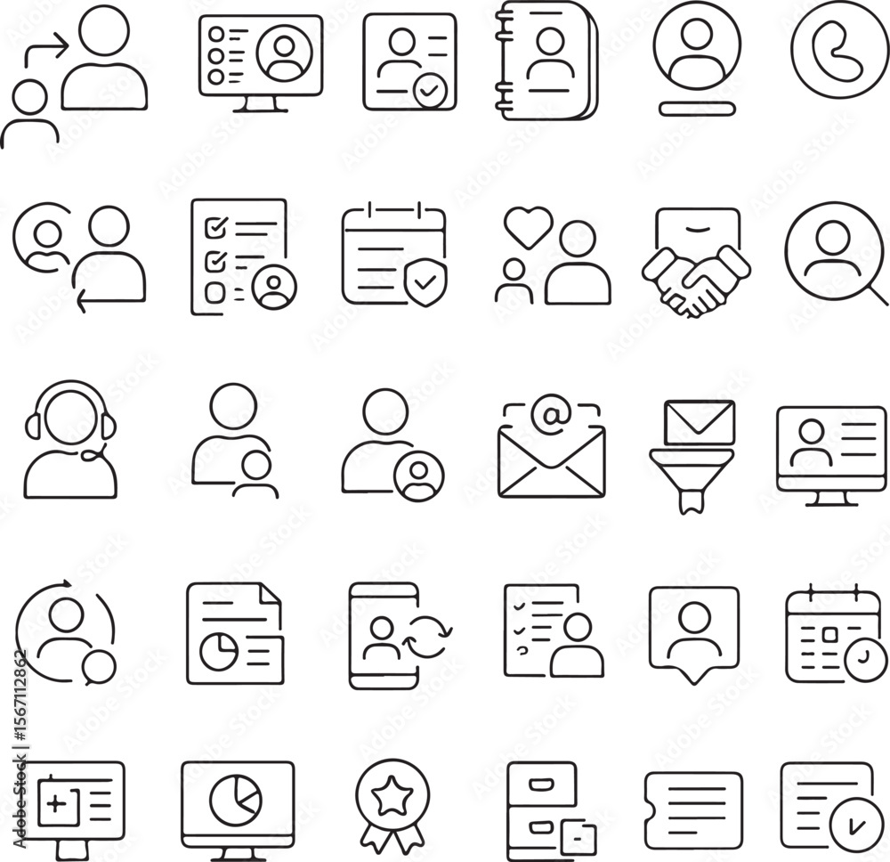 Fototapeta premium A collection of modern outline icons representing various business and personal management concepts including user profiles contacts and communication tools