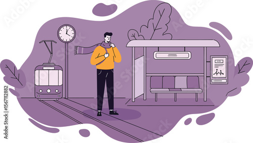 Man waiting at urban tram station with clock in modern public transport setting in purple tones 