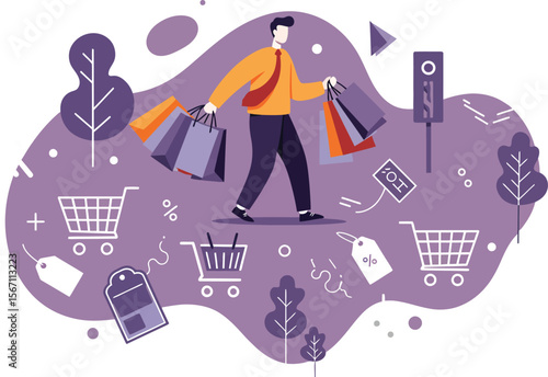 Man carrying multiple shopping bags with trolley carts and price tags in flat style illustration 