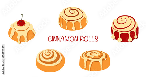 Autumn sweet treats vector set - cinnamon rolls and cinnabon style desserts in flat style for seasonal designs. Hand drawn illustration for banners, social media, cards