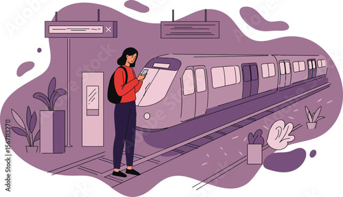 Woman waiting for subway train at station holding smartphone in digital purple illustration