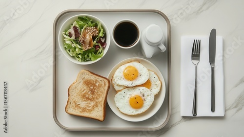 Delicious breakfast tray with fried eggs toast salad and coffee top view food photography