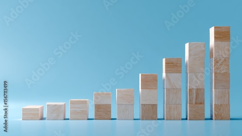 Wooden blocks in staircase formation on blue, minimalist composition symbolizing growth and progress

