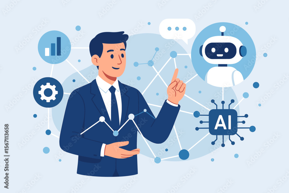 Businessman communicates with AI chatbot for data analysis. Artificial Intelligence concept with connected network for smart business intelligence, futuristic innovation and technology. Businessman communicates with AI chatbot for data analysis. Artificial Intelligence concept with connected network for smart business intelligence, futuristic innovation and technology.