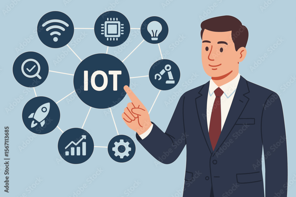 Businessman presenting IOT Internet of Things technology. Man touching a virtual screen with a network icon diagram. Automation, data, innovation, industry, smart business solution concept. Businessman presenting IOT Internet of Things technology. Man touching a virtual screen with a network icon diagram. Automation, data, innovation, industry, smart business solution concept.