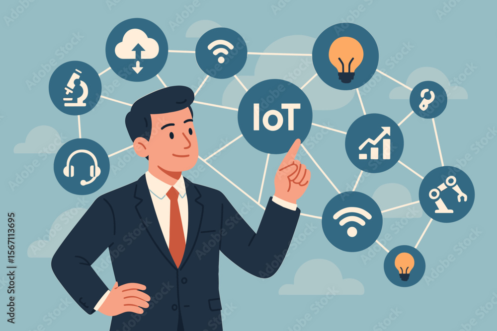 Businessman touching an IoT interface. Internet of Things technology concept. Virtual network connecting service with icons. Science, business, marketing, innovation, cloud, automation. Businessman touching an IoT interface. Internet of Things technology concept. Virtual network connecting service with icons. Science, business, marketing, innovation, cloud, automation.