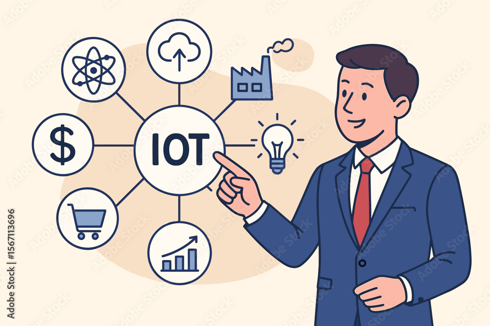 IOT Internet of Things technology concept. Businessman presents a network of icons. Smart industry 4.0, business growth, cloud data, finance, science. Vector cartoon infographic. IOT Internet of Things technology concept. Businessman presents a network of icons. Smart industry 4.0, business growth, cloud data, finance, science. Vector cartoon infographic.