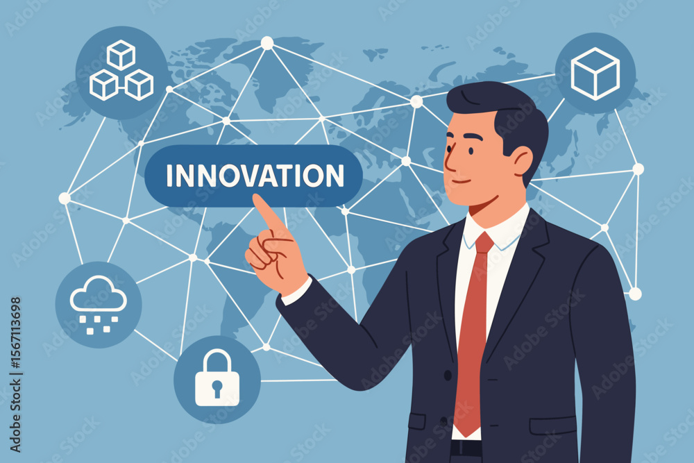 Businessman pointing to innovation. Global business network connection. Concept of blockchain technology, big data, cyber security, communication, strategy and modern ideas. Businessman pointing to innovation. Global business network connection. Concept of blockchain technology, big data, cyber security, communication, strategy and modern ideas.