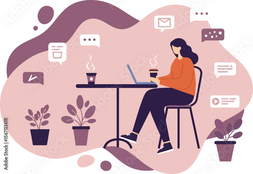 Woman working on laptop drinking coffee at table surrounded by potted plants in cozy interior space 