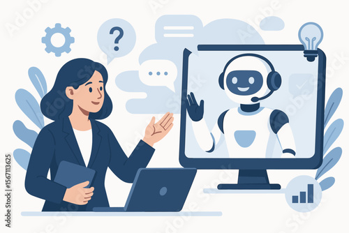AI technology concept with a chatbot assistant communicating with a business woman. Artificial intelligence solving problems and assisting human decision making. Customer support service.