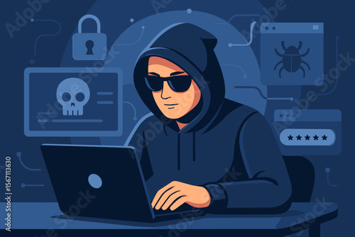 Hacker with laptop concept. Cybercrime, cybersecurity threat. Anonymous man in hoodie stealing data. Computer virus, malware, password phishing attack. Internet privacy vector.