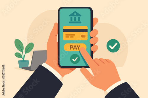 Businessman completing successful online payment on smartphone. Mobile banking app with credit card for secure transaction. E-commerce, fintech, digital wallet vector concept.