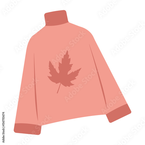 Autumn cozy sweater vector illustration -  pink jumper with fall leaf in flat style for seasonal designs. Hand drawn art for banners, cards, social media