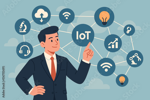 Businessman touching an IoT interface. Internet of Things technology concept. Virtual network connecting service with icons. Science, business, marketing, innovation, cloud, automation.