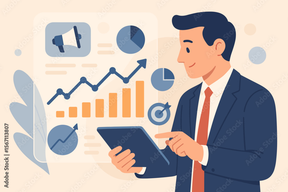 Digital Marketing Business Strategy Concept with Businessman Using Tablet Analyzing Sales Data and Economic Growth Graph on Hologram Screen, Modern Flat Vector Cartoon Illustration Digital Marketing Business Strategy Concept with Businessman Using Tablet Analyzing Sales Data and Economic Growth Graph on Hologram Screen, Modern Flat Vector Cartoon Illustration