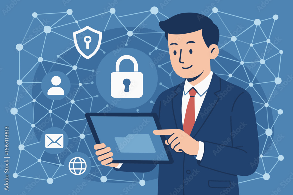 Cyber security network. Businessman protecting data and personal information on a tablet. Padlock icon for internet technology and digital networking connection. Modern flat vector. Cyber security network. Businessman protecting data and personal information on a tablet. Padlock icon for internet technology and digital networking connection. Modern flat vector.