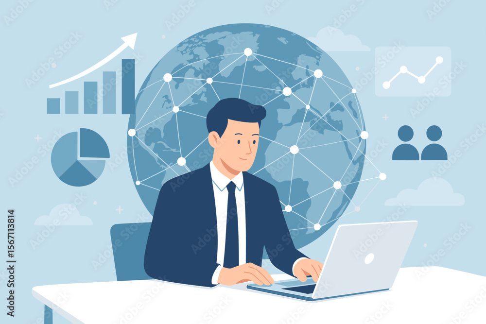 Businessman using laptop for digital online marketing and data analysis. Global business network, economic growth concept. Sales data, business strategy, planning, financial chart. Businessman using laptop for digital online marketing and data analysis. Global business network, economic growth concept. Sales data, business strategy, planning, financial chart.