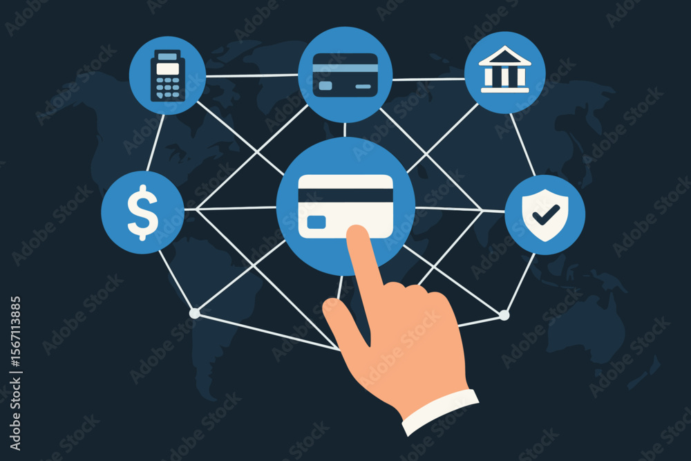 Fintech concept with hand touching a credit card icon. Global payment network with financial services icons for online banking, money transfer, and secure transactions. Vector cartoon. Fintech concept with hand touching a credit card icon. Global payment network with financial services icons for online banking, money transfer, and secure transactions. Vector cartoon.