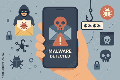 Cybercrime security concept. Phone shows malware detected alert from email. Hacker steals password, personal data. Phishing scam metaphor with hook, virus, worm, trojan, bug icons.