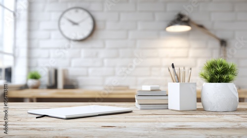 Minimalist wooden desk with neat accessories, embodying simplicity and focus in a clean workspace.
