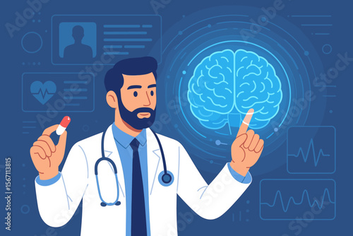 Doctor with drug capsule checks brain test results on a digital holographic interface. Futuristic medical technology, healthcare innovation, neurology, and pharmaceutical research.