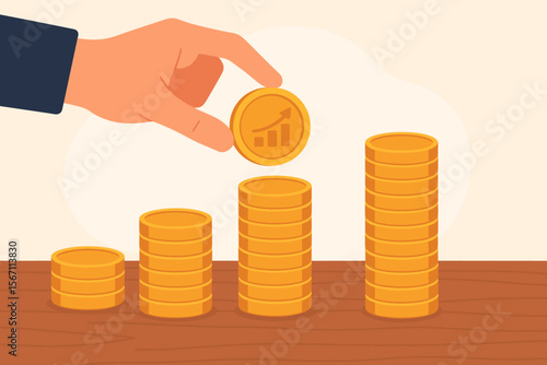 Hand stacking gold coins. Financial growth and investment concept. Business success, savings, and wealth accumulation. Making money, increasing profit and income. Vector illustration.