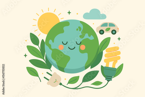 Earth Day energy saving concept. Eco friendly planet with green leaves, sun, electric car and light bulb. Renewable power and sustainability vector flat cartoon illustration.