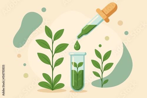 Biotechnology research concept with plant in test tube. Dropper with natural herbal extract for organic cosmetic. Laboratory science experiment. Alternative medicine discovery.