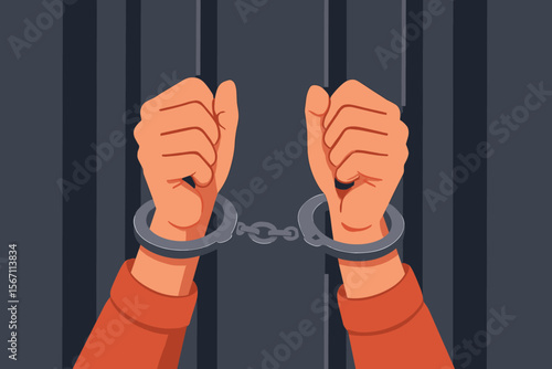 Man arrested for crime. Hands in handcuffs in prison. Inmate behind bars. Concept of justice, law, punishment, sentence, guilt, and detention. Convict in jail cartoon vector.