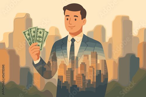 Double exposure businessman with money and city. Real estate investment concept. Financial success, corporate profit. Urban economy growth. Entrepreneur with dollar bills.