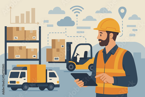 Factory engineer with tablet managing inventory control and delivery. Smart transportation with intelligent warehouse management system. Global logistics, supply chain concept.
