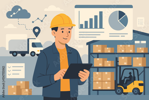 Warehouse management system concept. Engineer with tablet managing inventory and supply chain. Smart logistics, data analytics dashboard, cargo shipping, and global distribution.